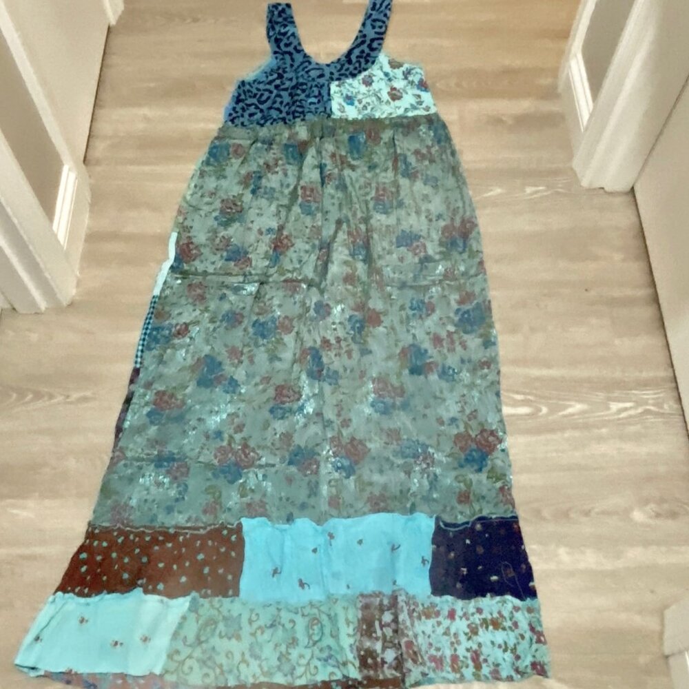 Palak Quilted Patchwork Boho Artsy Festival Viscose Sheath Maxi Sun Dress L - Picture 2 of 12